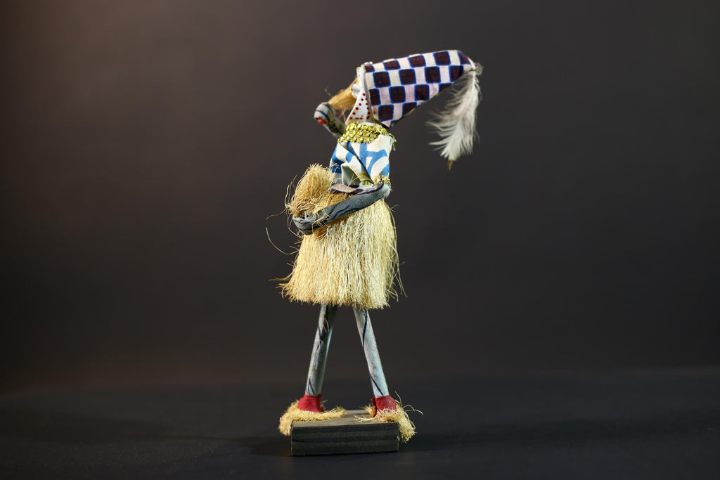 African Raffia Masquerade Doll | Handcrafted Tribal Figurine | Multicolor Folk Art | Wood Base Decor-G5276