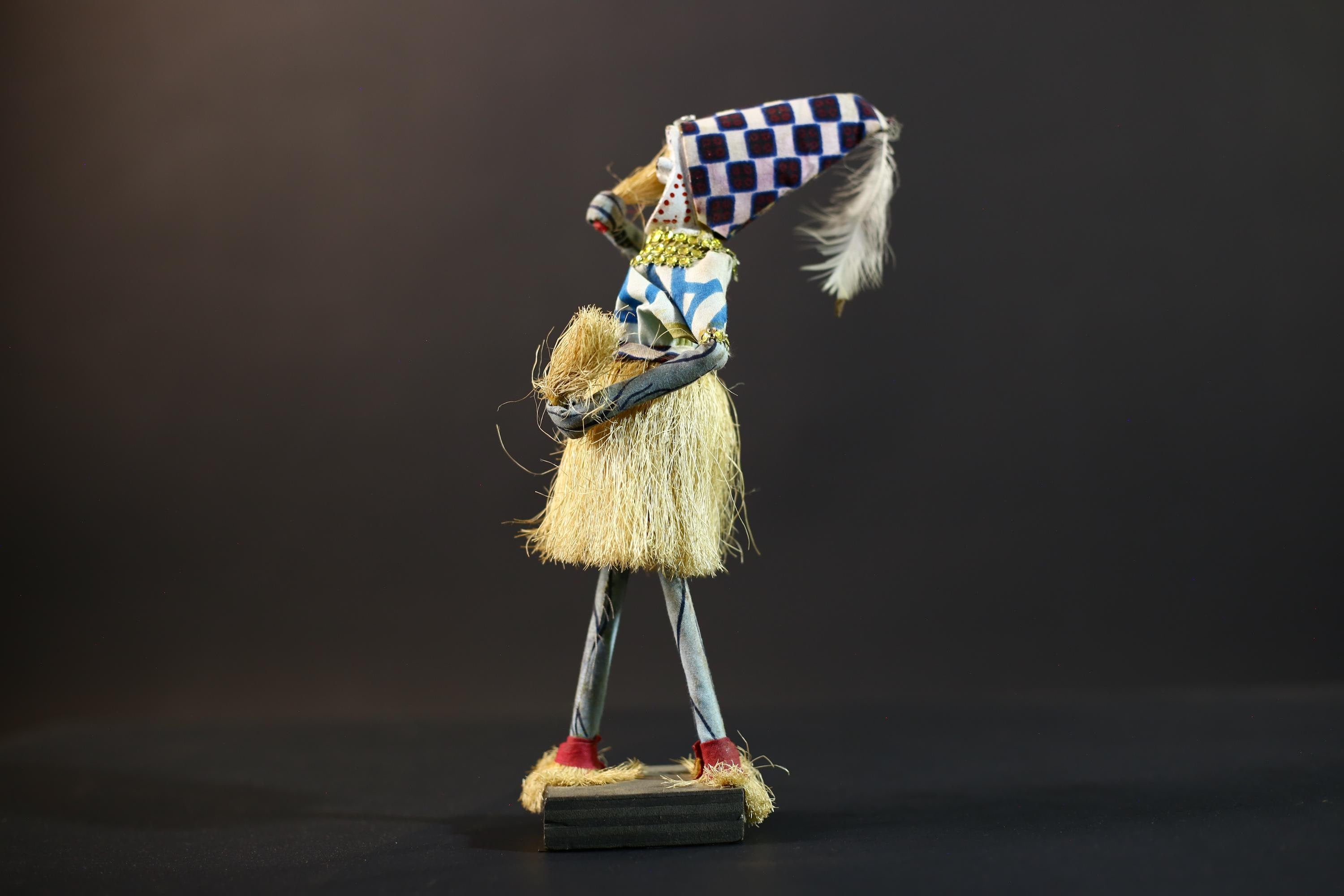 African Raffia Masquerade Doll | Handcrafted Tribal Figurine | Multicolor Folk Art | Wood Base Decor-G5276