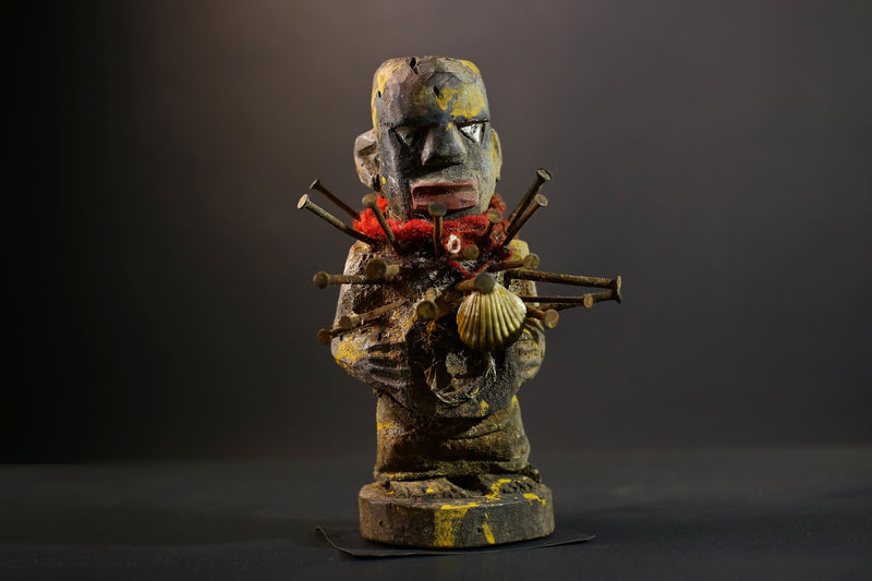 African Kongo Nkisi Nkonde | Nail Fetish Figurine | Hand-Carved Wood Sculpture | Multicolor Tribal Art-G5274
