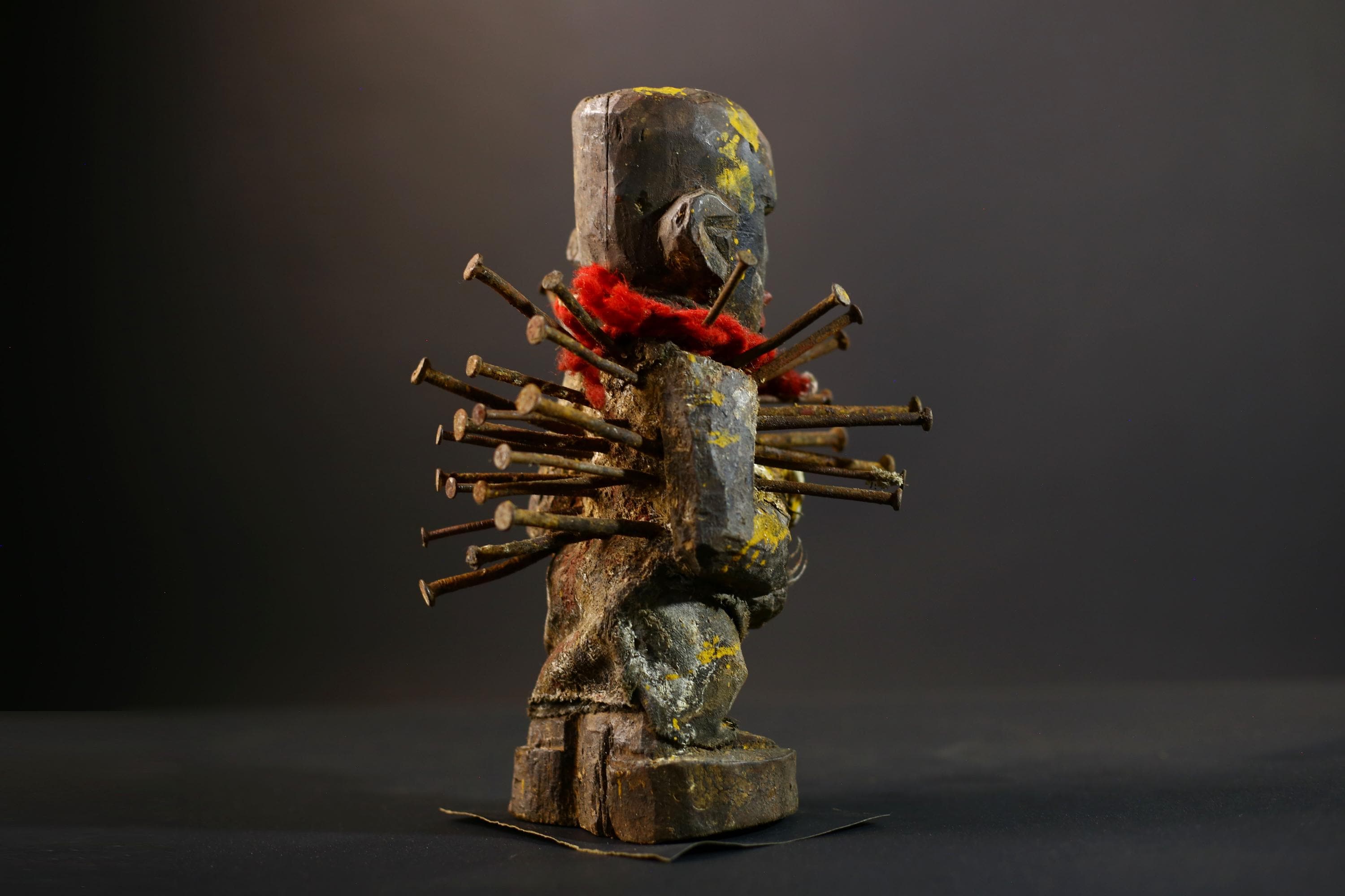 African Kongo Nkisi Nkonde | Nail Fetish Figurine | Hand-Carved Wood Sculpture | Multicolor Tribal Art-G5274