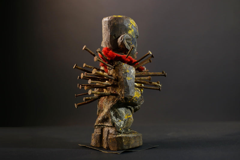 African Kongo Nkisi Nkonde | Nail Fetish Figurine | Hand-Carved Wood Sculpture | Multicolor Tribal Art-G5274