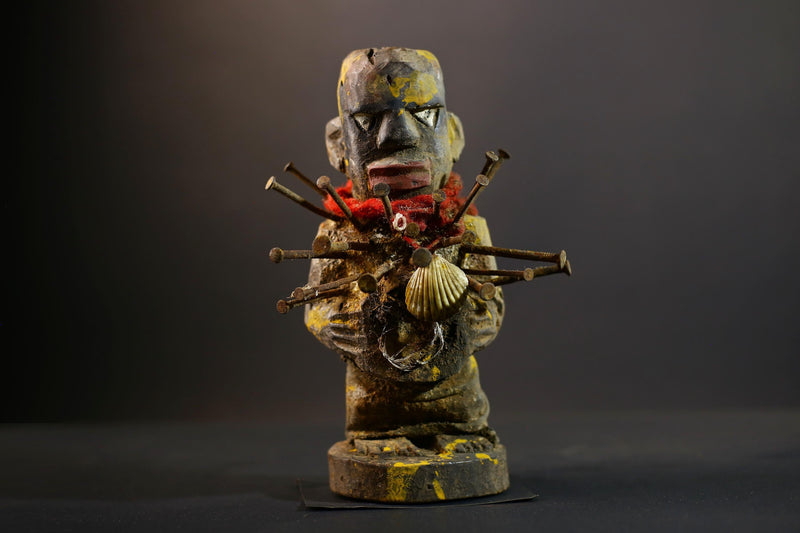 African Kongo Nkisi Nkonde | Nail Fetish Figurine | Hand-Carved Wood Sculpture | Multicolor Tribal Art-G5274