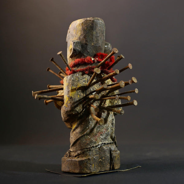 African Kongo Nkisi Nkonde | Nail Fetish Figurine | Hand-Carved Wood Sculpture | Multicolor Tribal Art-G5274