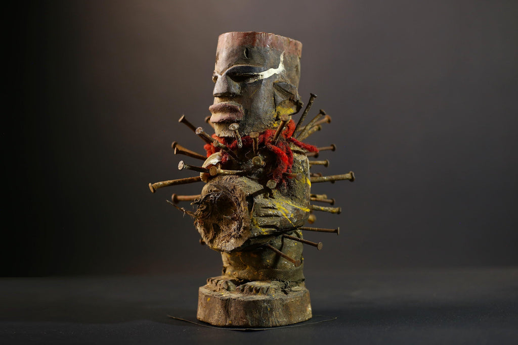 African Kongo Nkisi Nkonde | Nail Fetish Figurine | Hand-Carved Wood Art | Tribal Spiritual Decor | Collectible Sculpture-G5274