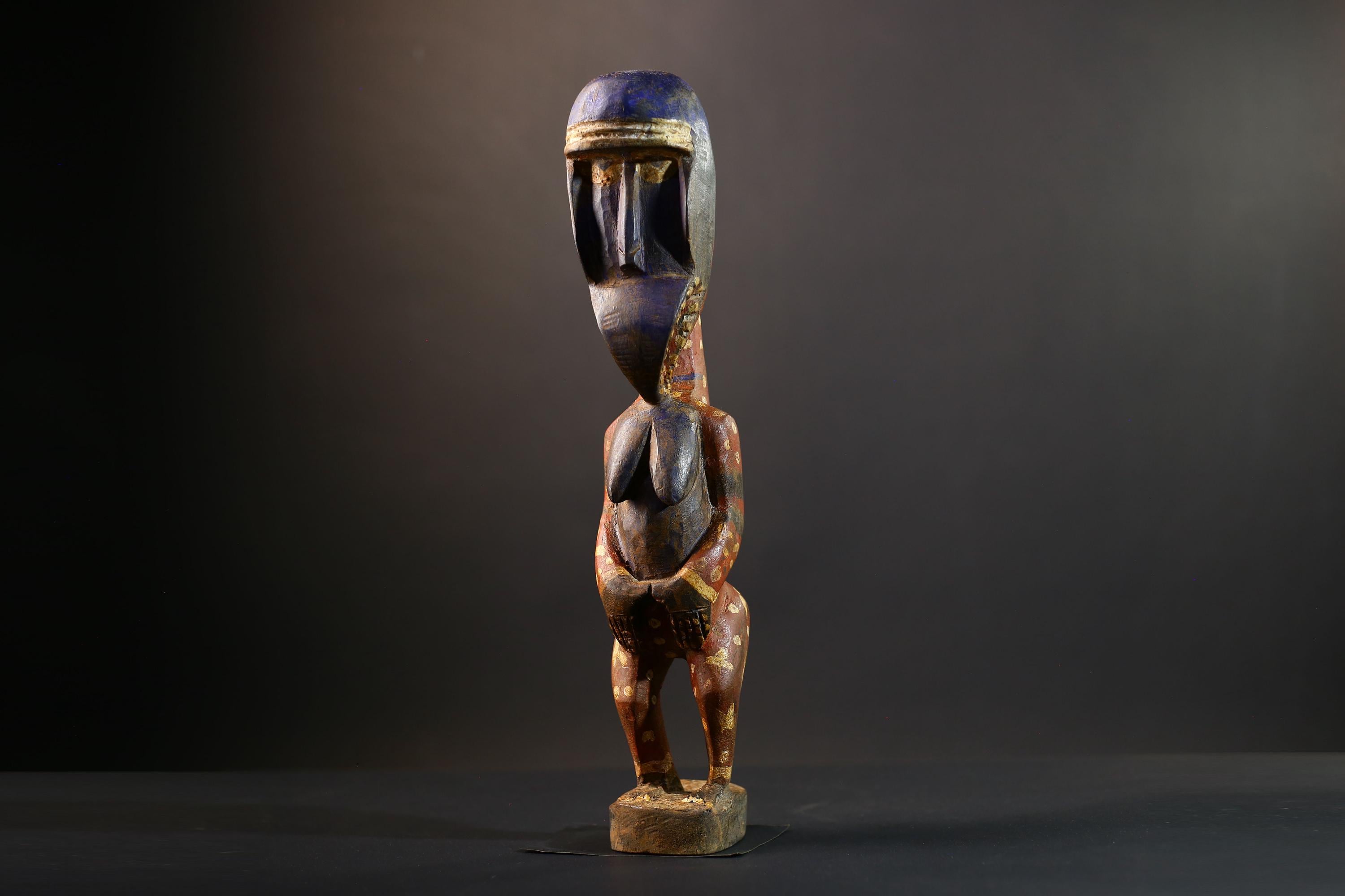 African Baule Maternity Sculpture | Hand-Carved Wood Figurine | Multicolor Tribal Decor-G5273