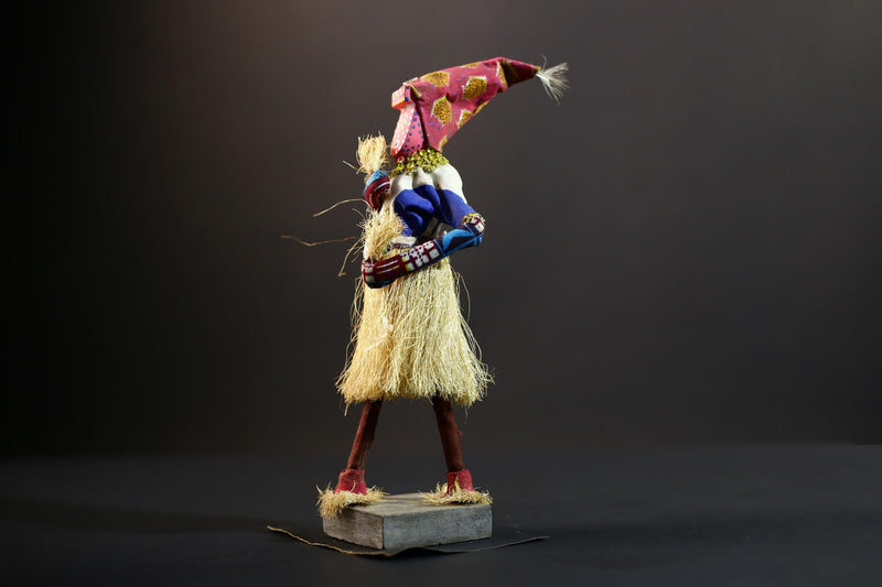 Bamileke Raffia Dance Figure | Handcrafted Cameroon Wood Doll | Tribal Boho African Art-G5287