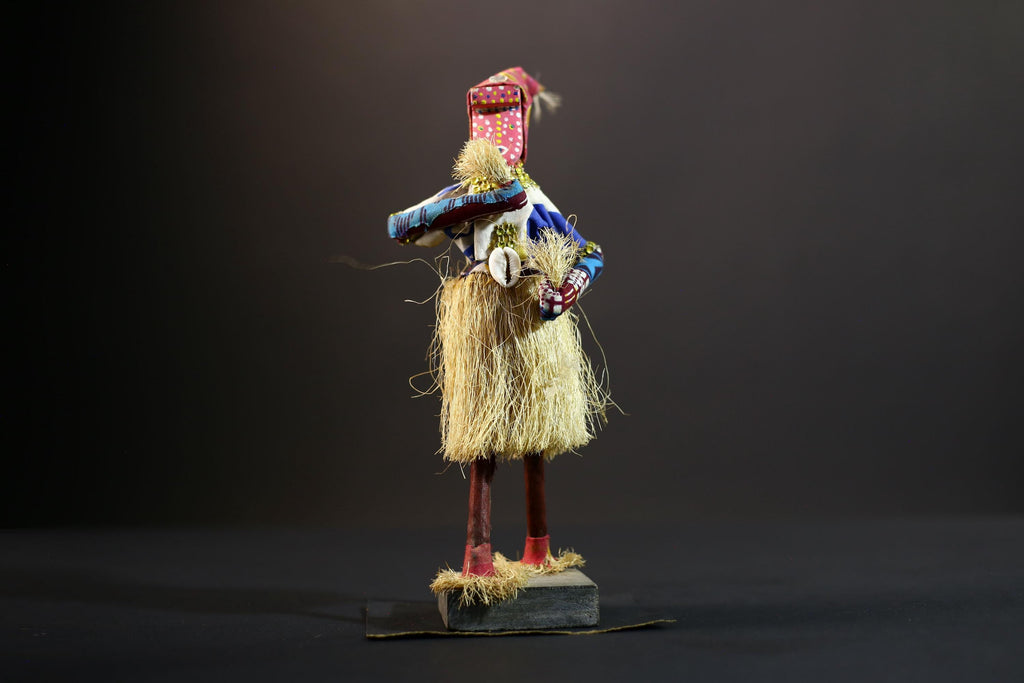 Bamileke Raffia Dance Figure | Handcrafted Cameroon Wood Doll | Tribal Boho African Art-G5287