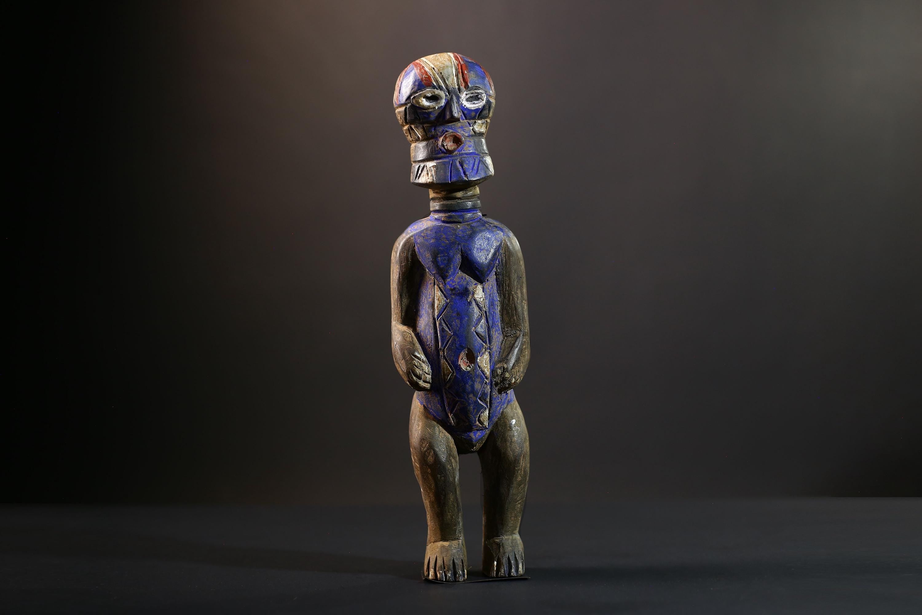 Songye Nkisi Power Figure | Congo Polychrome Wood Sculpture | Tribal Blue Ancestral Art-G5285