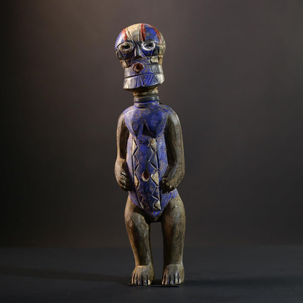 Songye Nkisi Power Figure | Congo Polychrome Wood Sculpture | Tribal Blue Ancestral Art-G5285