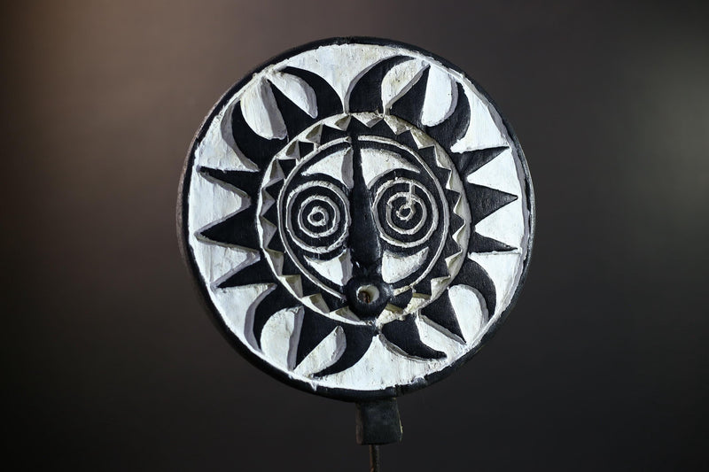 Bwa Sunburst Face Mask | Hand-Carved Wood Wall Art | Tribal Black & White Décor-G5283