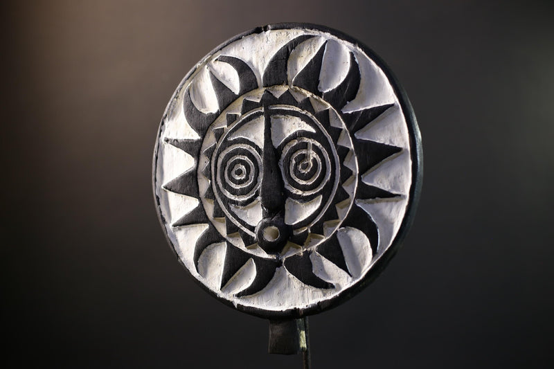 Bwa Sunburst Face Mask | Hand-Carved Wood Wall Art | Tribal Black & White Décor-G5283