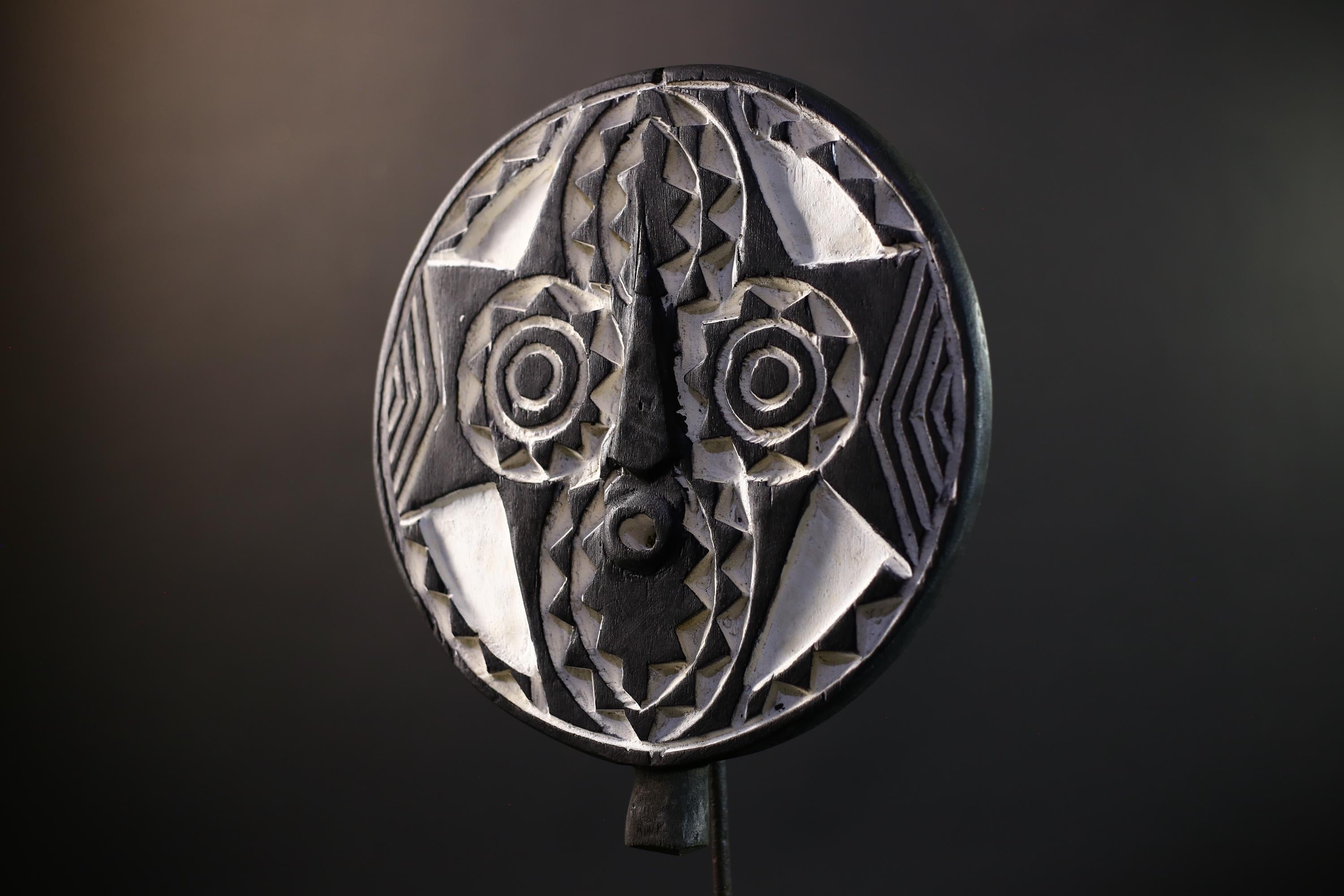 Bwa Round Geometric Mask | Burkina Faso Tribal Wall Art | Black & White Wood Décor-G5282