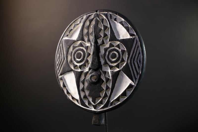 Bwa Round Geometric Mask | Burkina Faso Tribal Wall Art | Black & White Wood Décor-G5282