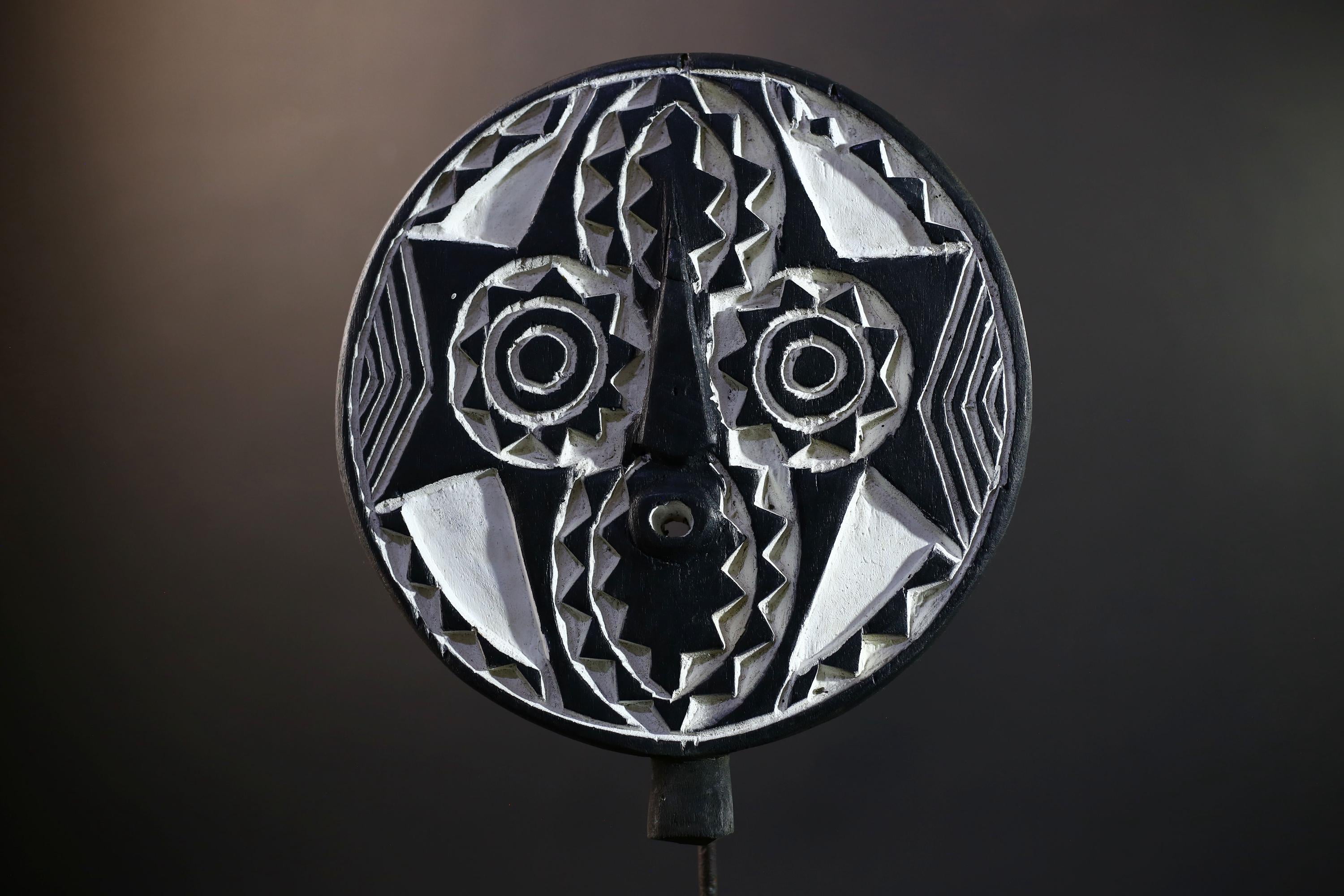 Bwa Round Geometric Mask | Burkina Faso Tribal Wall Art | Black & White Wood Décor-G5282