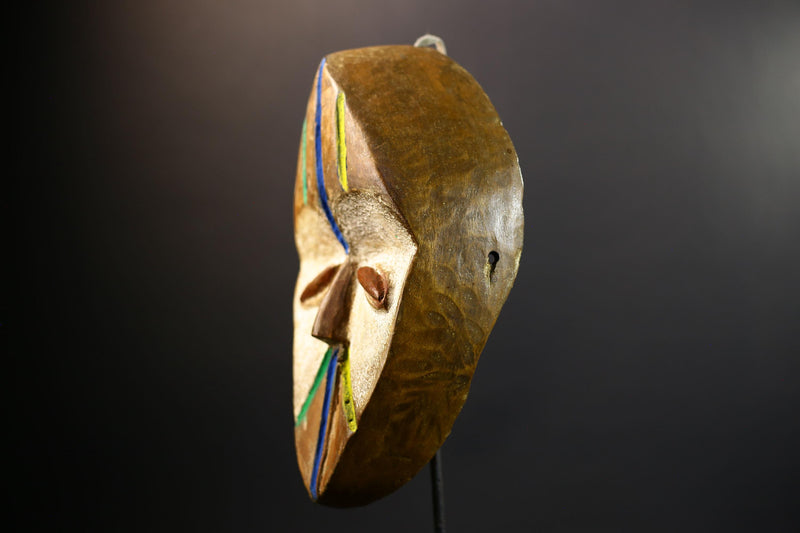 Lega Tribal Mask with Color Accents | Hand Carved African Face Mask | Ethical Wall Art from Congo | Bwami Society Ritual Sculpture-G5297