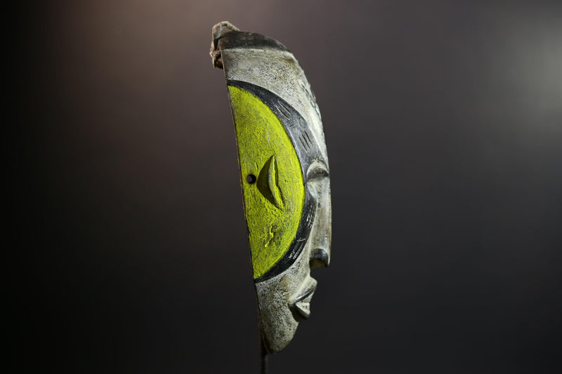 Hand Carved Bega Tribal Mask | African Wall Art with Green Yellow Panels | Elongated Wood Sculpture | West African Painted Decorr-G5293