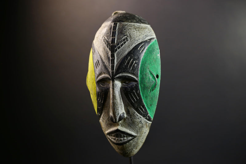 Hand Carved Bega Tribal Mask | African Wall Art with Green Yellow Panels | Elongated Wood Sculpture | West African Painted Decorr-G5293