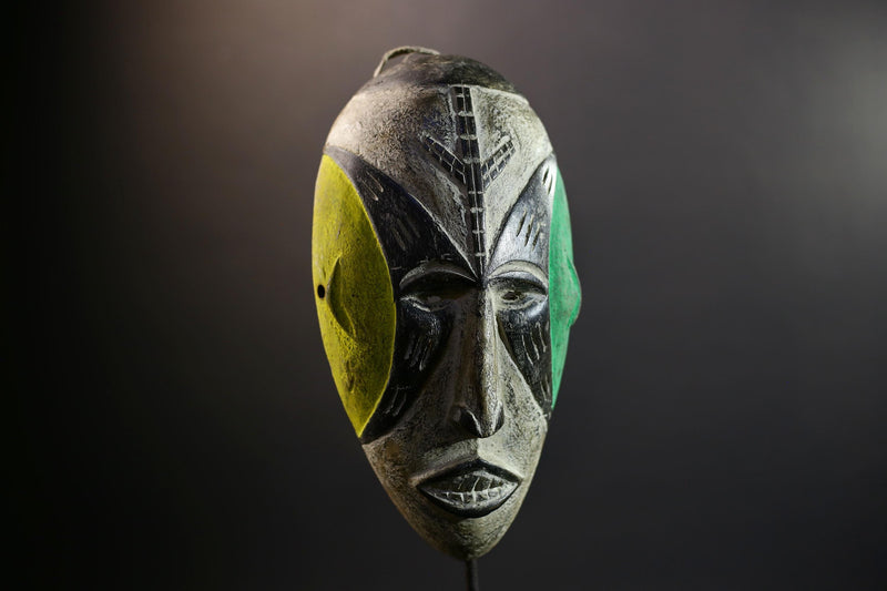 Hand Carved Bega Tribal Mask | African Wall Art with Green Yellow Panels | Elongated Wood Sculpture | West African Painted Decorr-G5293