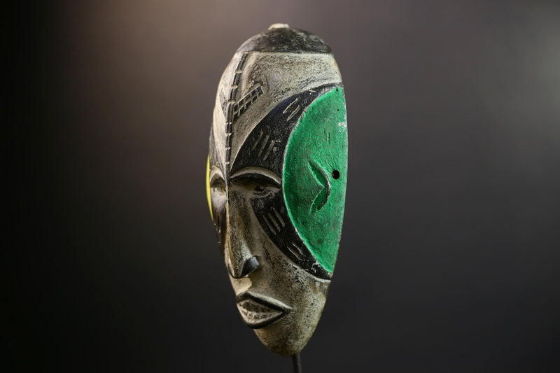 Hand Carved Bega Tribal Mask | African Wall Art with Green Yellow Panels | Elongated Wood Sculpture | West African Painted Decorr-G5293