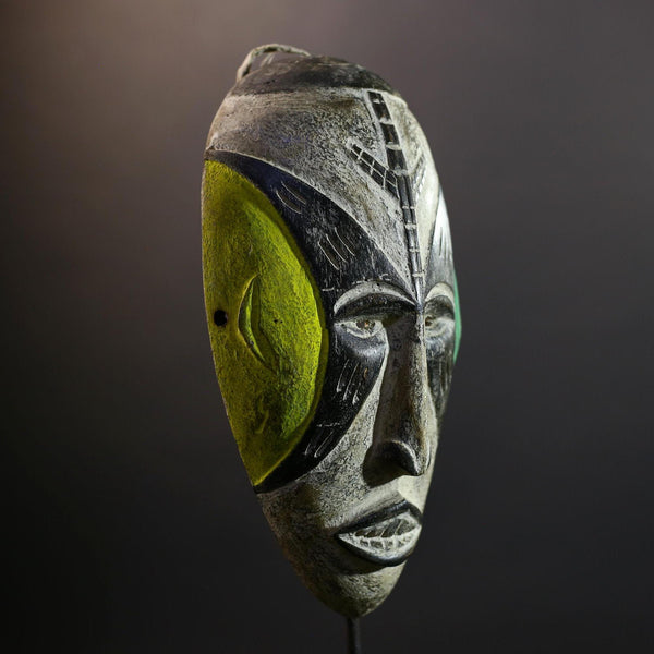 Hand Carved Bega Tribal Mask | African Wall Art with Green Yellow Panels | Elongated Wood Sculpture | West African Painted Decorr-G5293