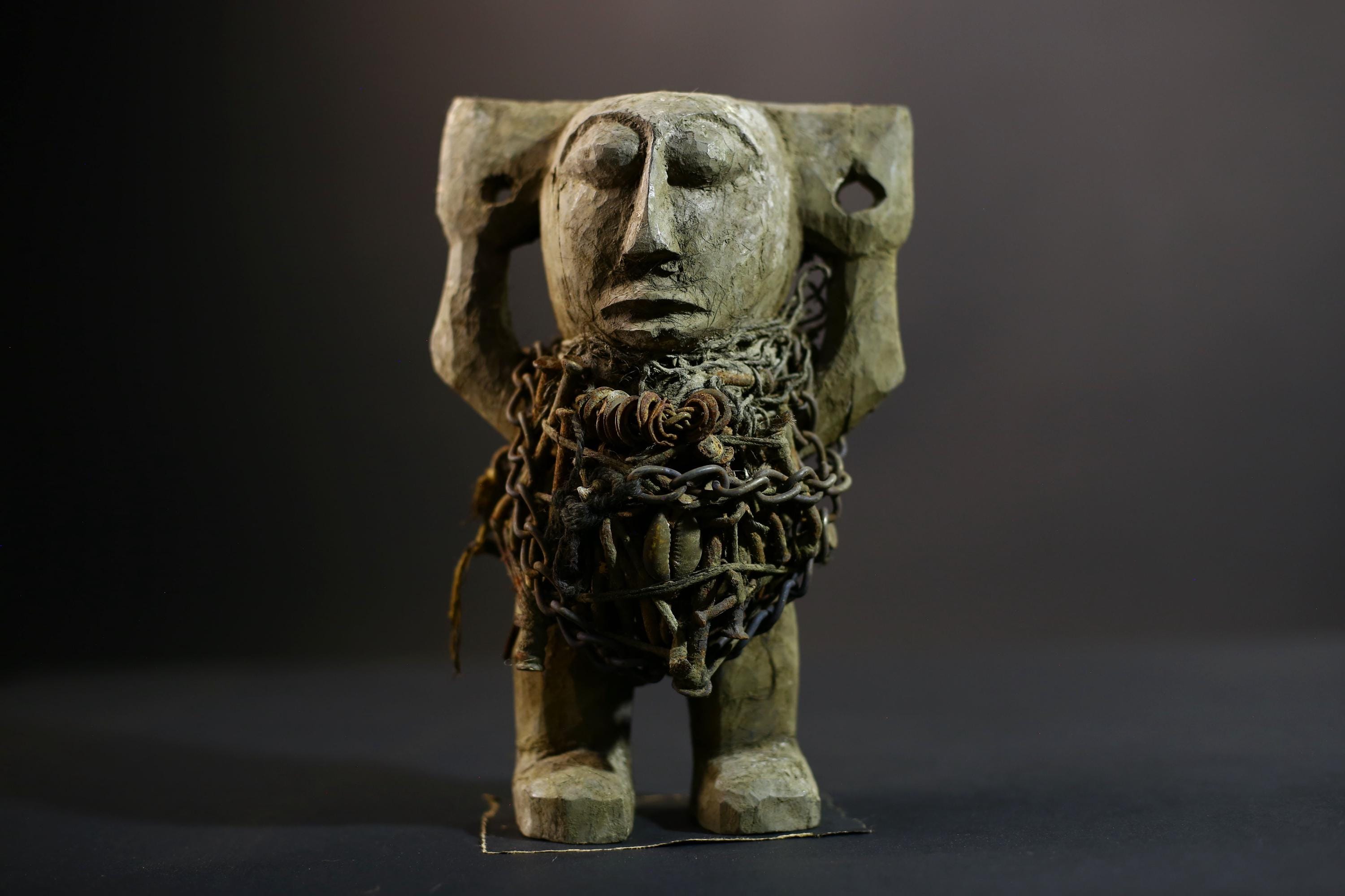 Kongo Nkisi Nkondi Figure | Ritual Power Sculpture with Chains & Shells | Hand Carved African Fetish Statue | Central Spiritual Art-G5291