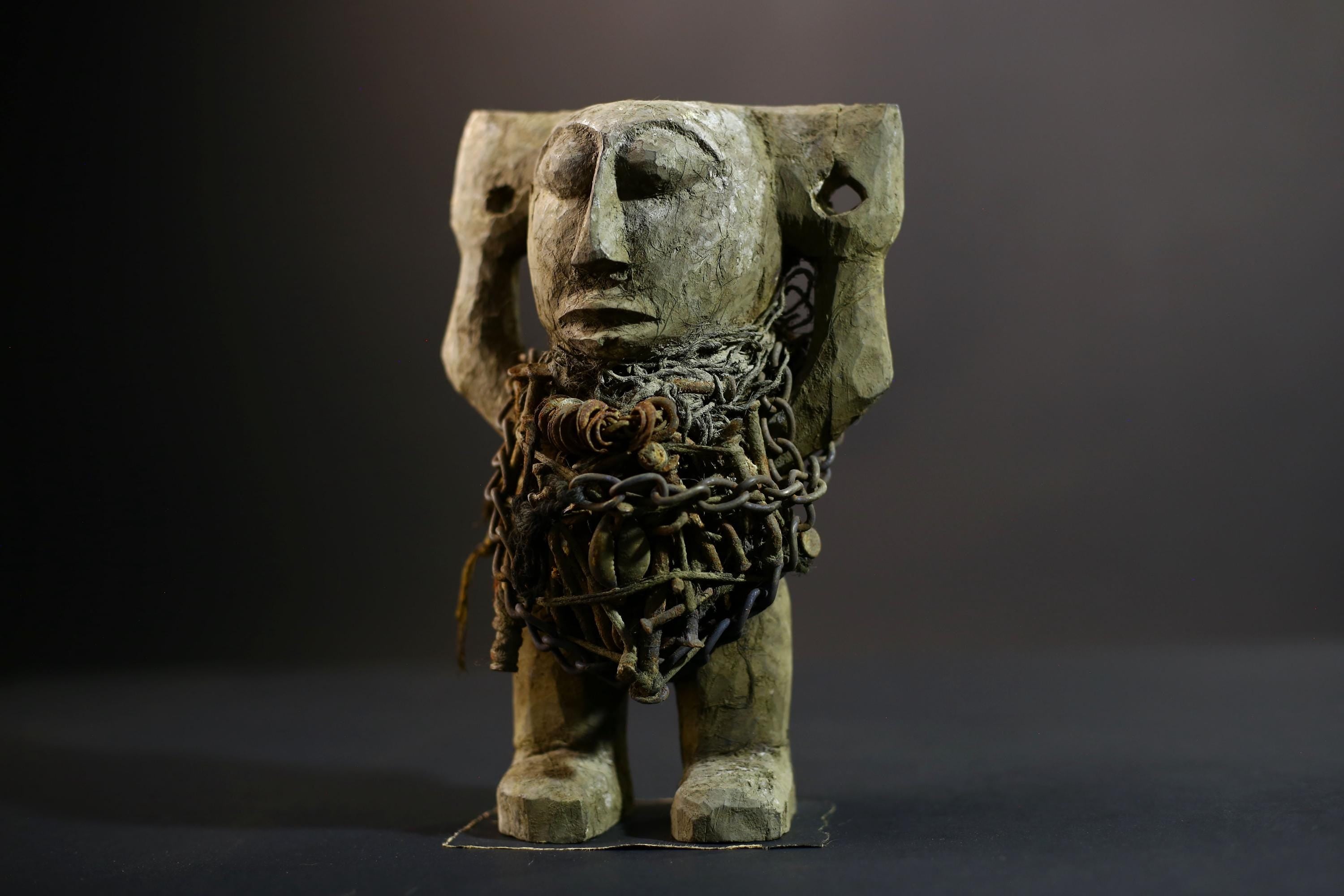Kongo Nkisi Nkondi Figure | Ritual Power Sculpture with Chains & Shells | Hand Carved African Fetish Statue | Central Spiritual Art-G5291