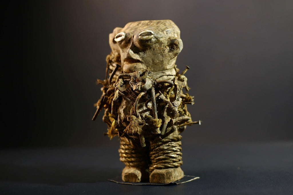 Kongo Nkisi Nkondi Power Figure | African Ritual Sculpture with Nails & Shell Eyes | Spirit Protection Fetish | Central Tribal Art-G5290
