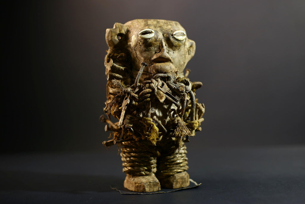 Kongo Nkisi Nkondi Power Figure | African Ritual Sculpture with Nails & Shell Eyes | Spirit Protection Fetish | Central Tribal Art-G5290