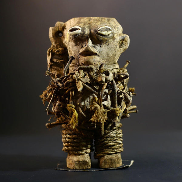 Kongo Nkisi Nkondi Power Figure | African Ritual Sculpture with Nails & Shell Eyes | Spirit Protection Fetish | Central Tribal Art-G5290