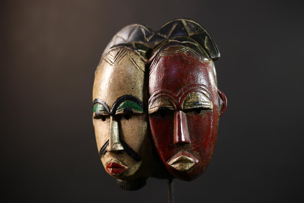 African Baule Mask | Hand Carved Tribal Two Faces | Wall Art Decor Sculpture | Authentic Ethnic Home Accent-G5165