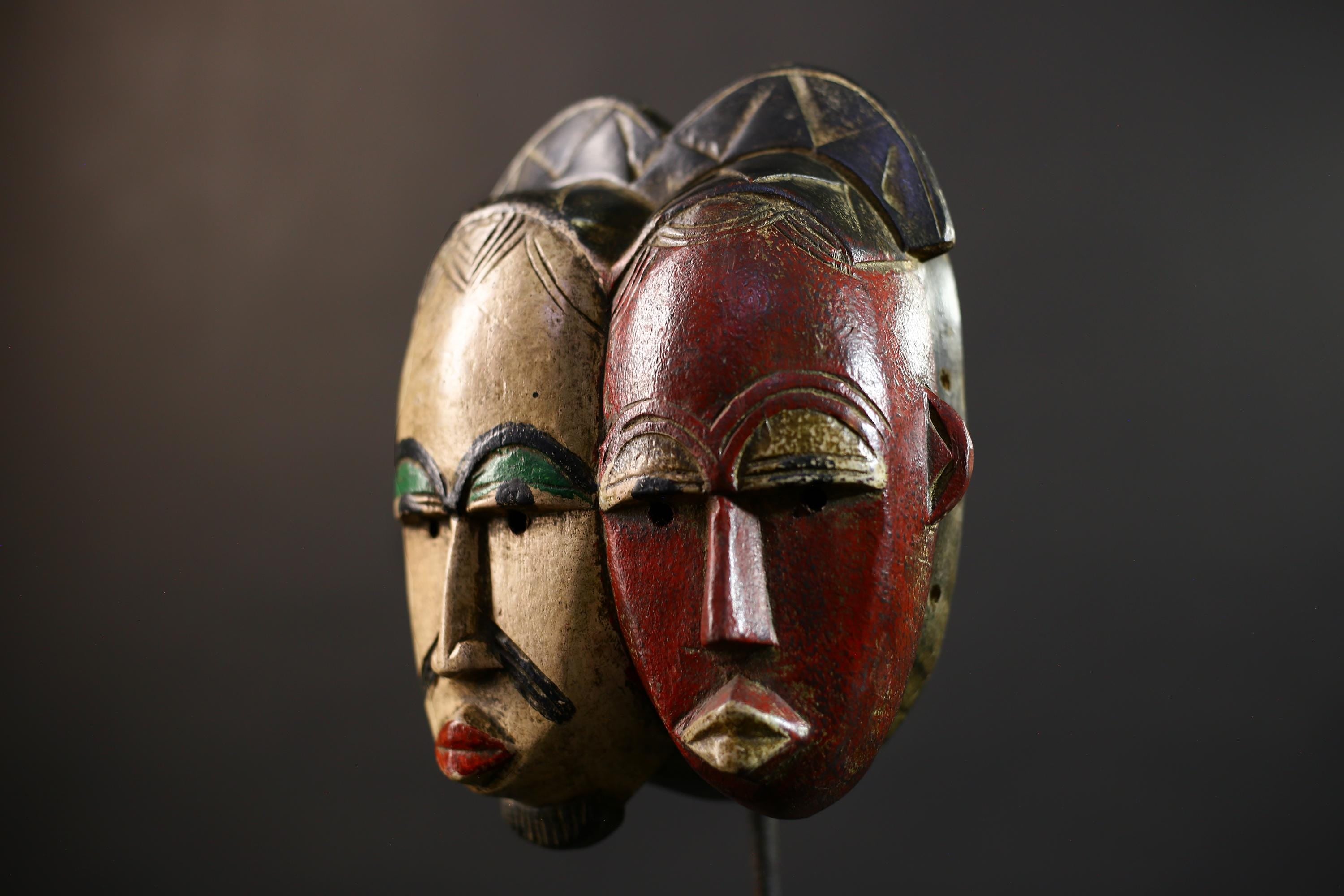 African Baule Mask | Hand Carved Tribal Two Faces | Wall Art Decor Sculpture | Authentic Ethnic Home Accent-G5165