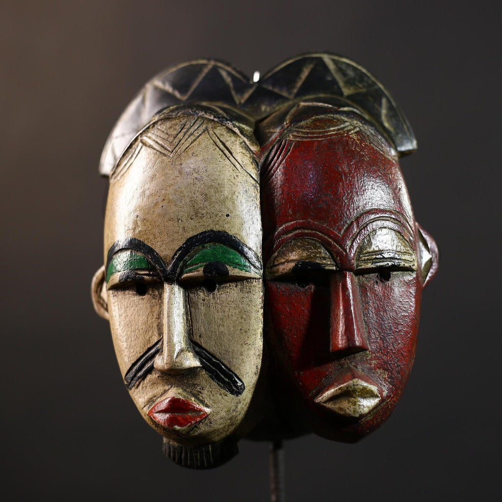African Baule Mask | Hand Carved Tribal Two Faces | Wall Art Decor Sculpture | Authentic Ethnic Home Accent-G5165