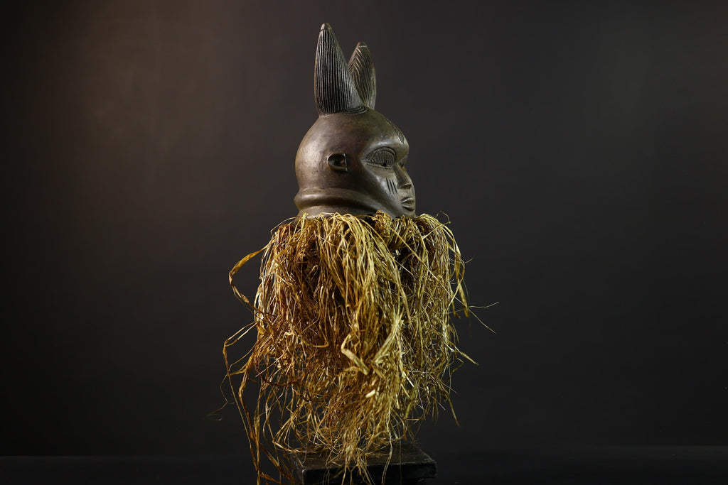 African | Mask | Carved Wooden | Helmet Bondo | Bundu Raffia | Tribal Decor Art | Ethnic Home Accent | Handmade Sculpture-G5171