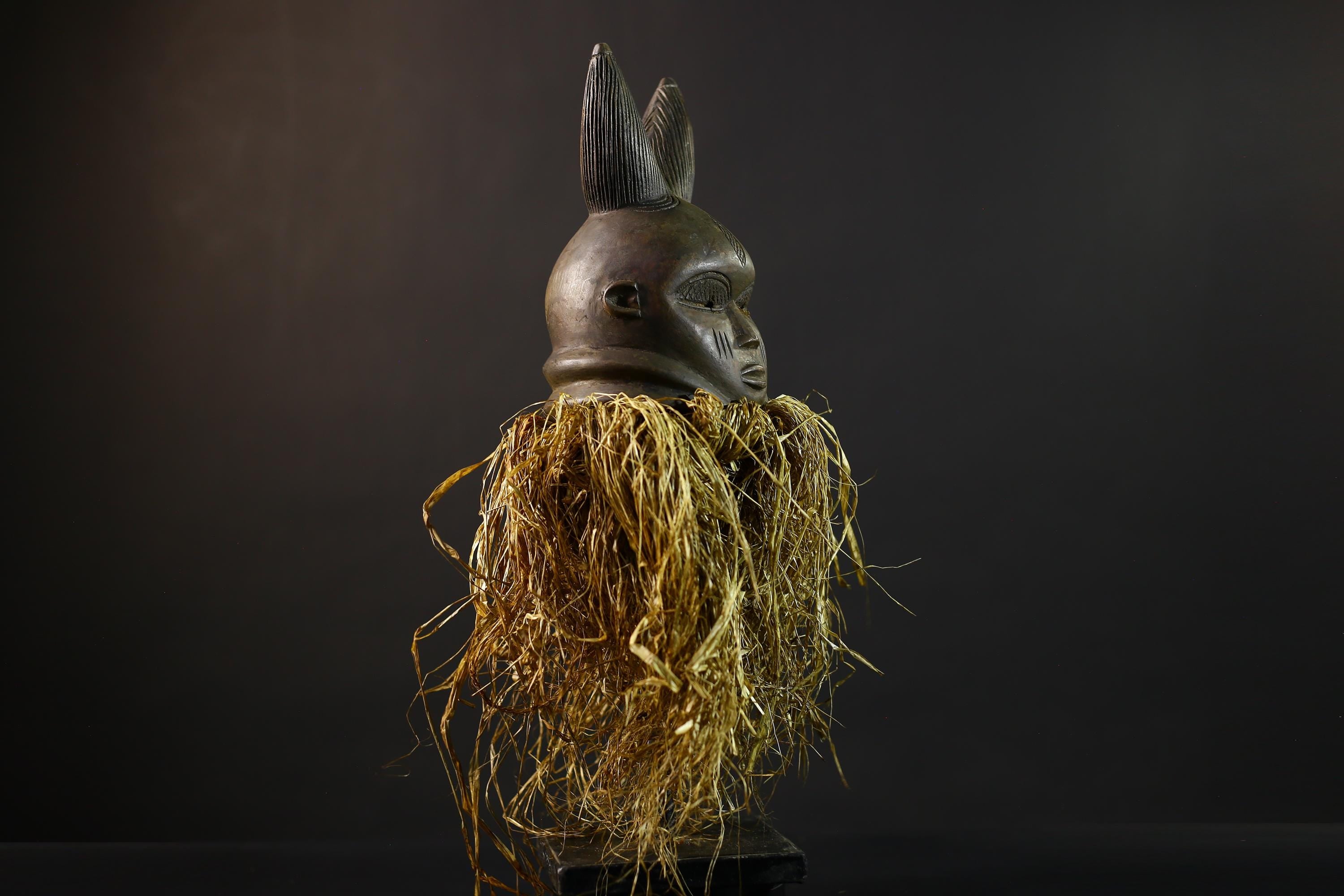 African | Mask | Carved Wooden | Helmet Bondo | Bundu Raffia | Tribal Decor Art | Ethnic Home Accent | Handmade Sculpture-G5171