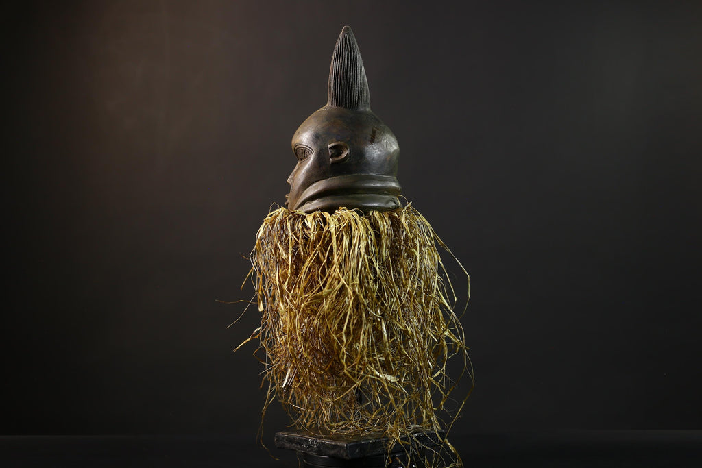 African | Mask | Carved Wooden | Helmet Bondo | Bundu Raffia | Tribal Decor Art | Ethnic Home Accent | Handmade Sculpture-G5171
