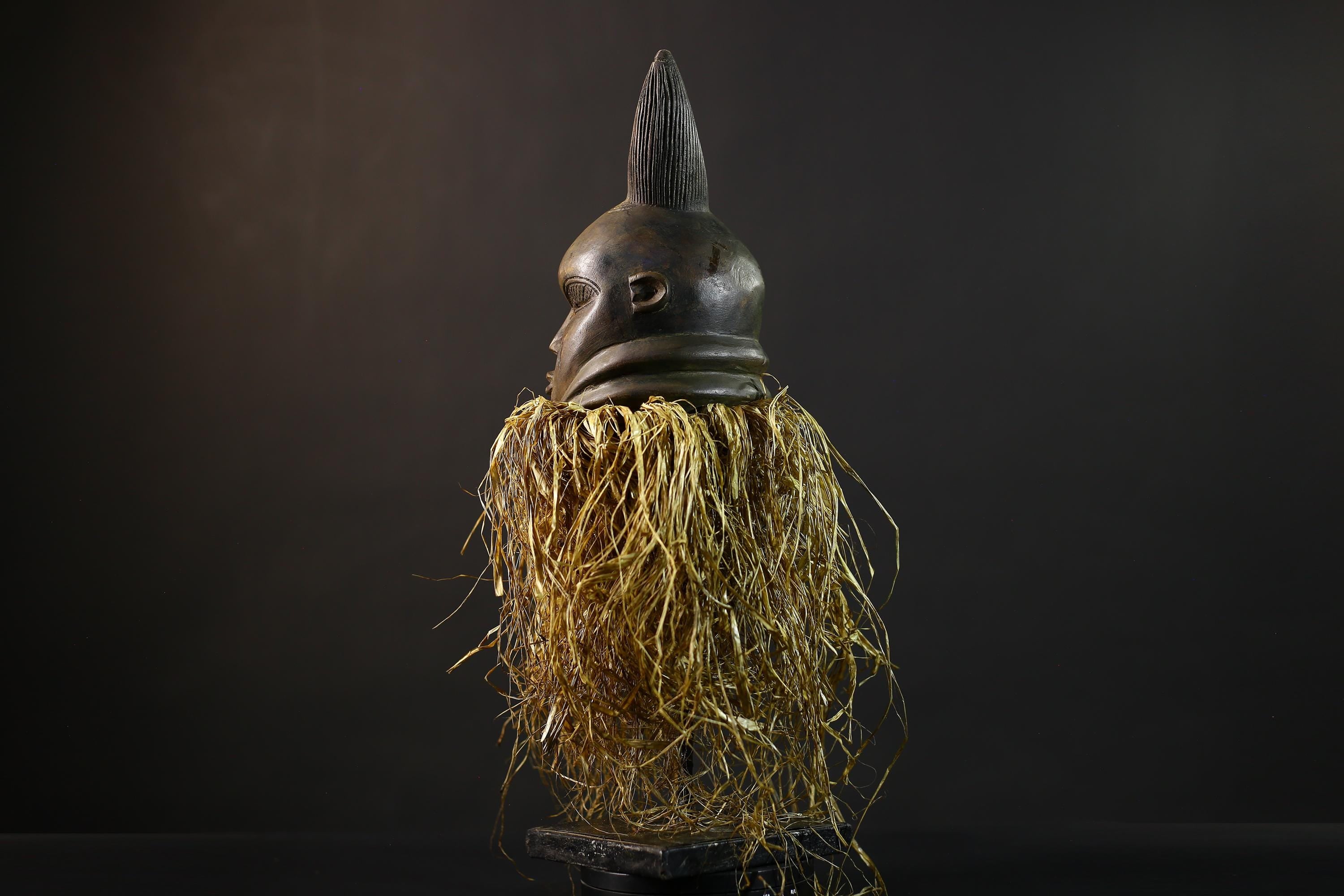 African | Mask | Carved Wooden | Helmet Bondo | Bundu Raffia | Tribal Decor Art | Ethnic Home Accent | Handmade Sculpture-G5171