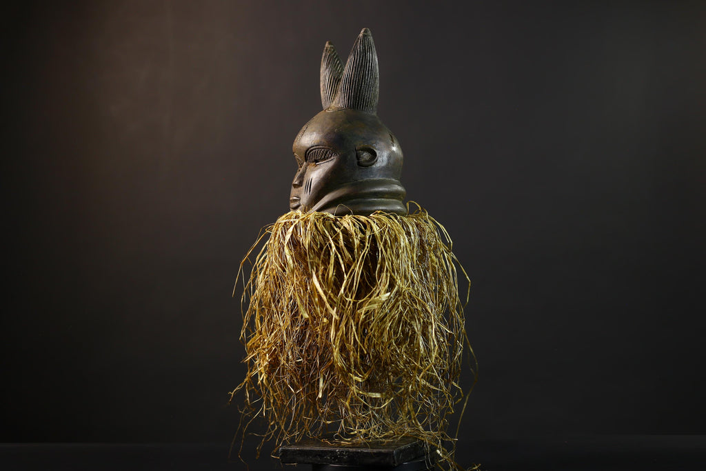 African | Mask | Carved Wooden | Helmet Bondo | Bundu Raffia | Tribal Decor Art | Ethnic Home Accent | Handmade Sculpture-G5171