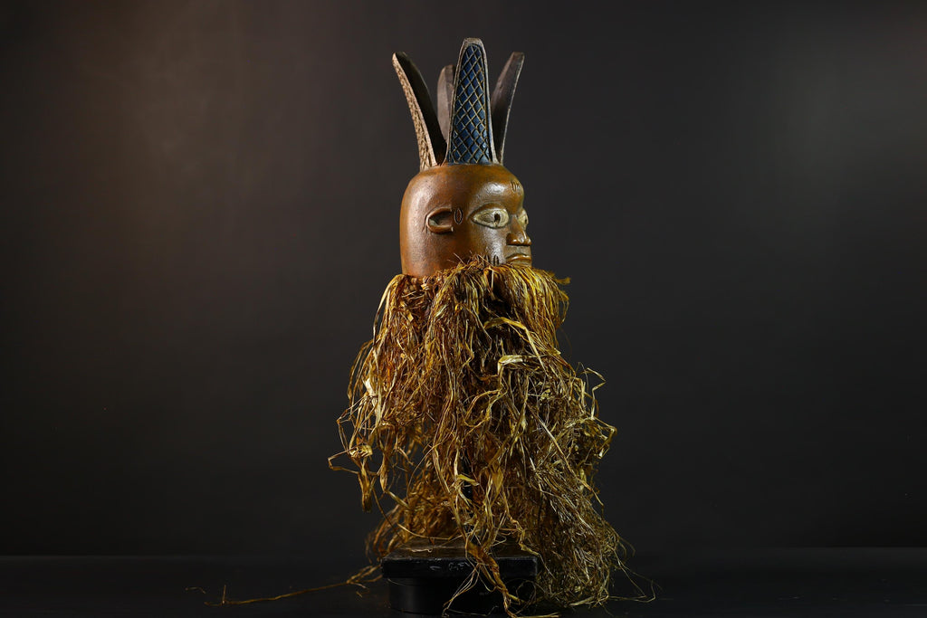 African | Mask | Carved Wooden | Helmet | Bondo Bundu | Raffia Art | Home Decor | Unique Ethnic Sculpture | Tribal Accent Piece-G5170