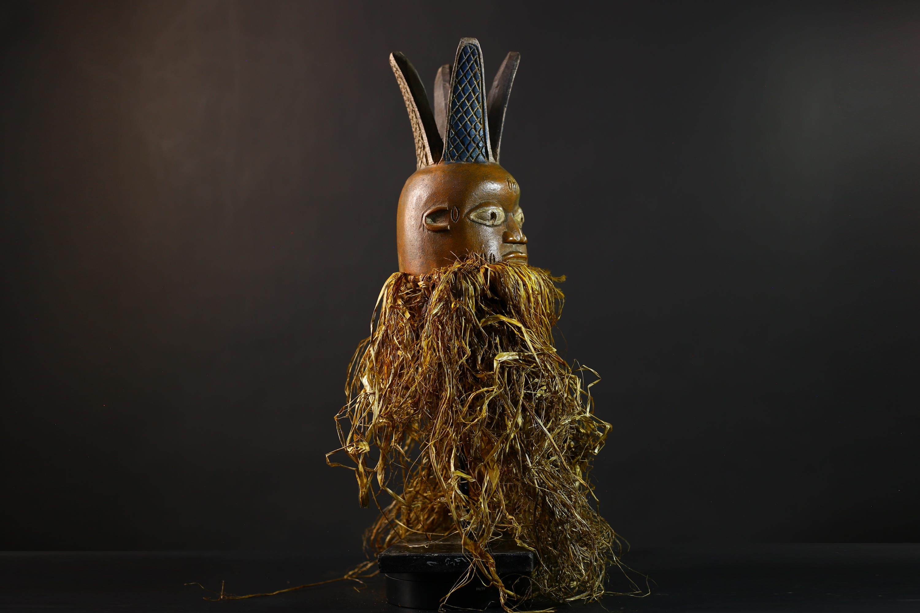 African | Mask | Carved Wooden | Helmet | Bondo Bundu | Raffia Art | Home Decor | Unique Ethnic Sculpture | Tribal Accent Piece-G5170