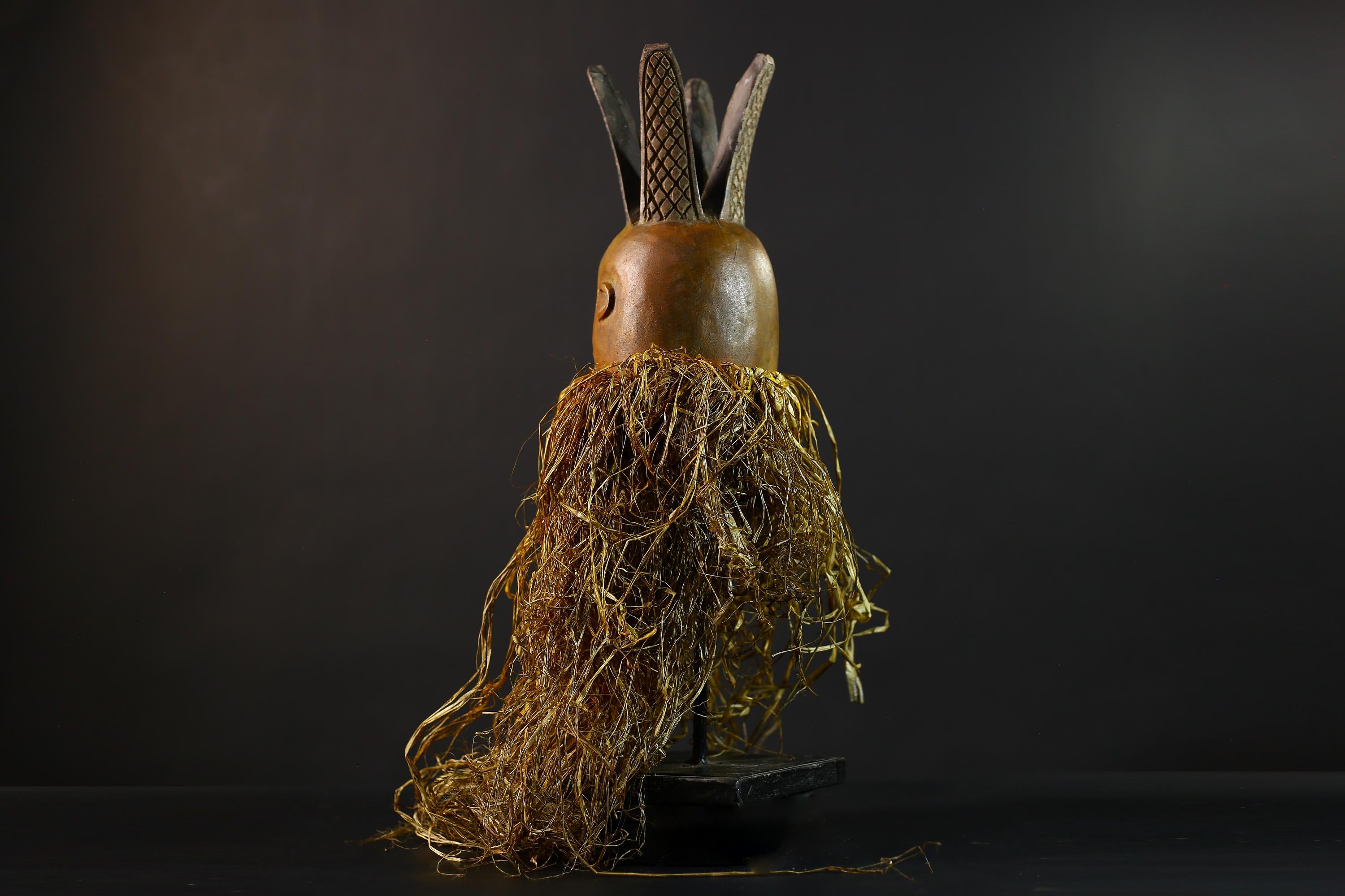 African | Mask | Carved Wooden | Helmet | Bondo Bundu | Raffia Art | Home Decor | Unique Ethnic Sculpture | Tribal Accent Piece-G5170