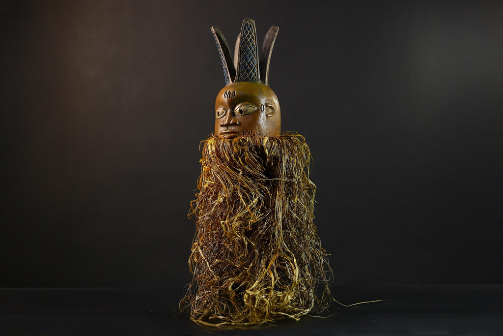 African | Mask | Carved Wooden | Helmet | Bondo Bundu | Raffia Art | Home Decor | Unique Ethnic Sculpture | Tribal Accent Piece-G5170
