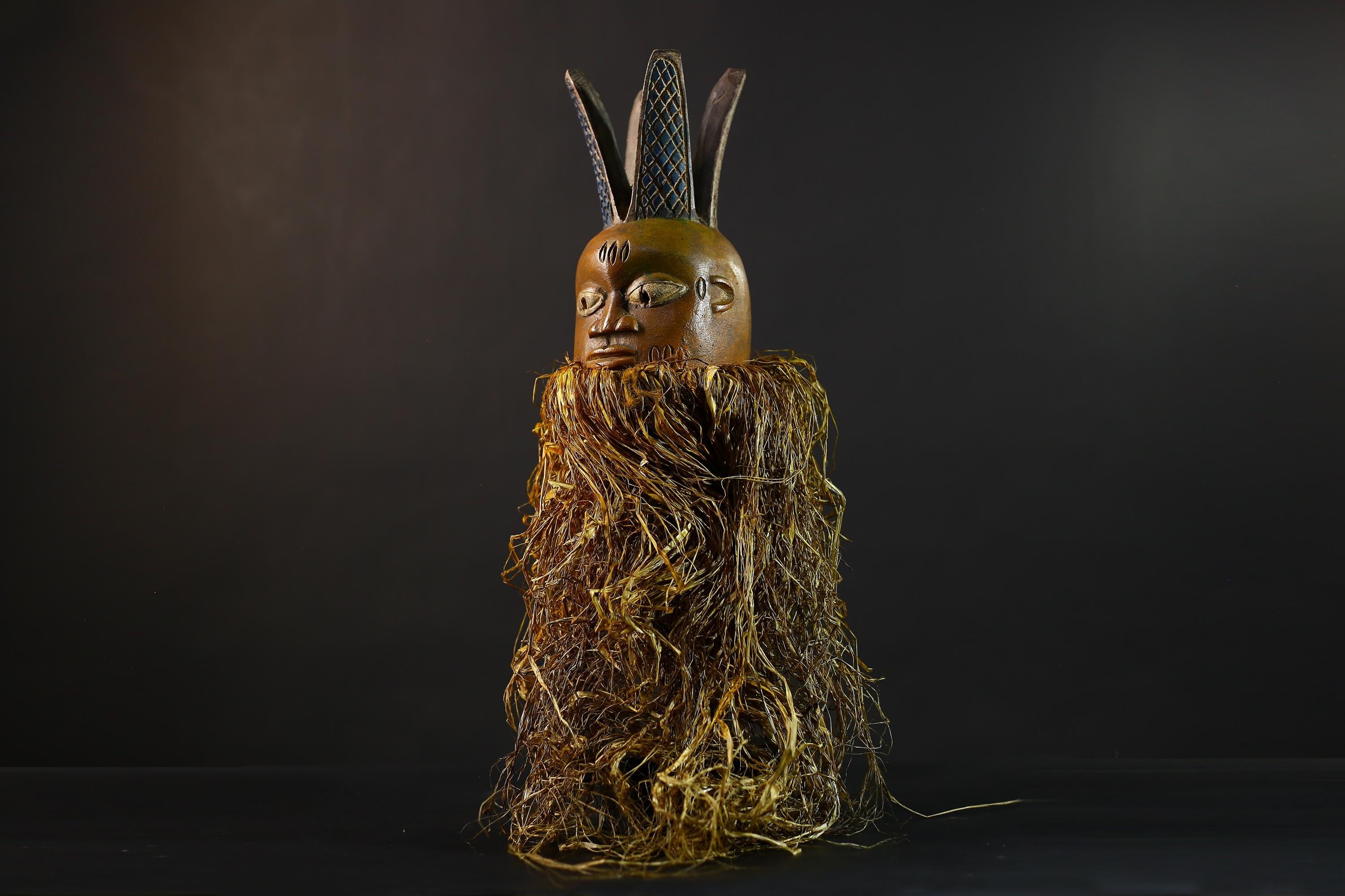 African | Mask | Carved Wooden | Helmet | Bondo Bundu | Raffia Art | Home Decor | Unique Ethnic Sculpture | Tribal Accent Piece-G5170