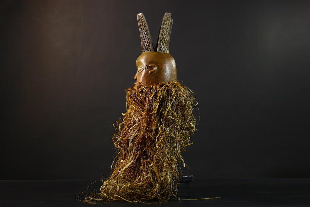 African | Mask | Carved Wooden | Helmet | Bondo Bundu | Raffia Art | Home Decor | Unique Ethnic Sculpture | Tribal Accent Piece-G5170