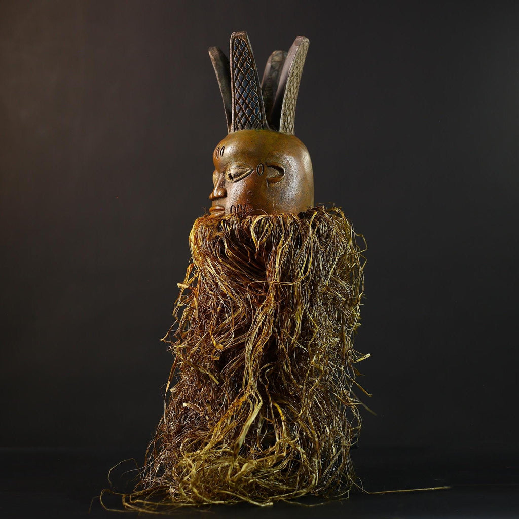 African | Mask | Carved Wooden | Helmet | Bondo Bundu | Raffia Art | Home Decor | Unique Ethnic Sculpture | Tribal Accent Piece-G5170