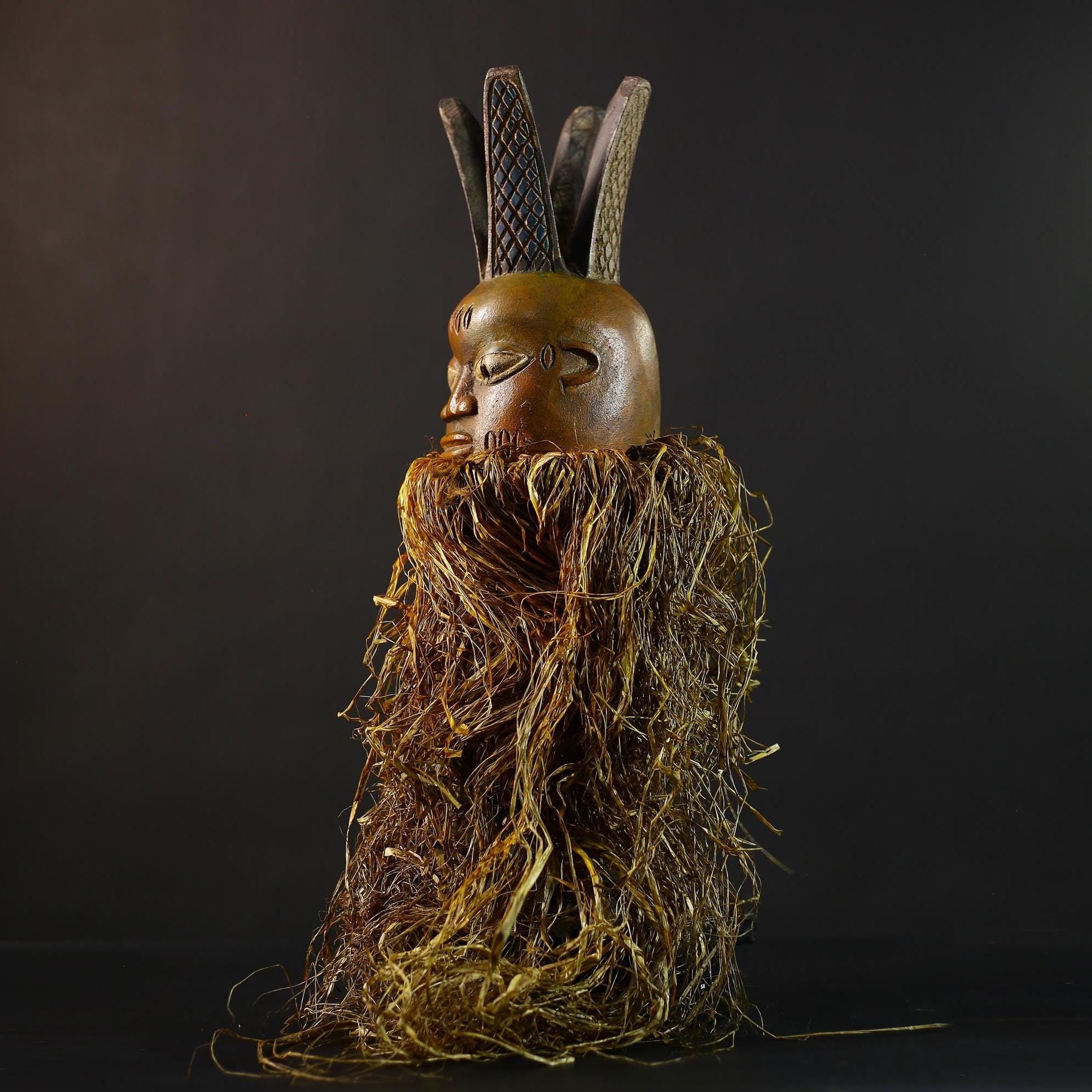 African | Mask | Carved Wooden | Helmet | Bondo Bundu | Raffia Art | Home Decor | Unique Ethnic Sculpture | Tribal Accent Piece-G5170