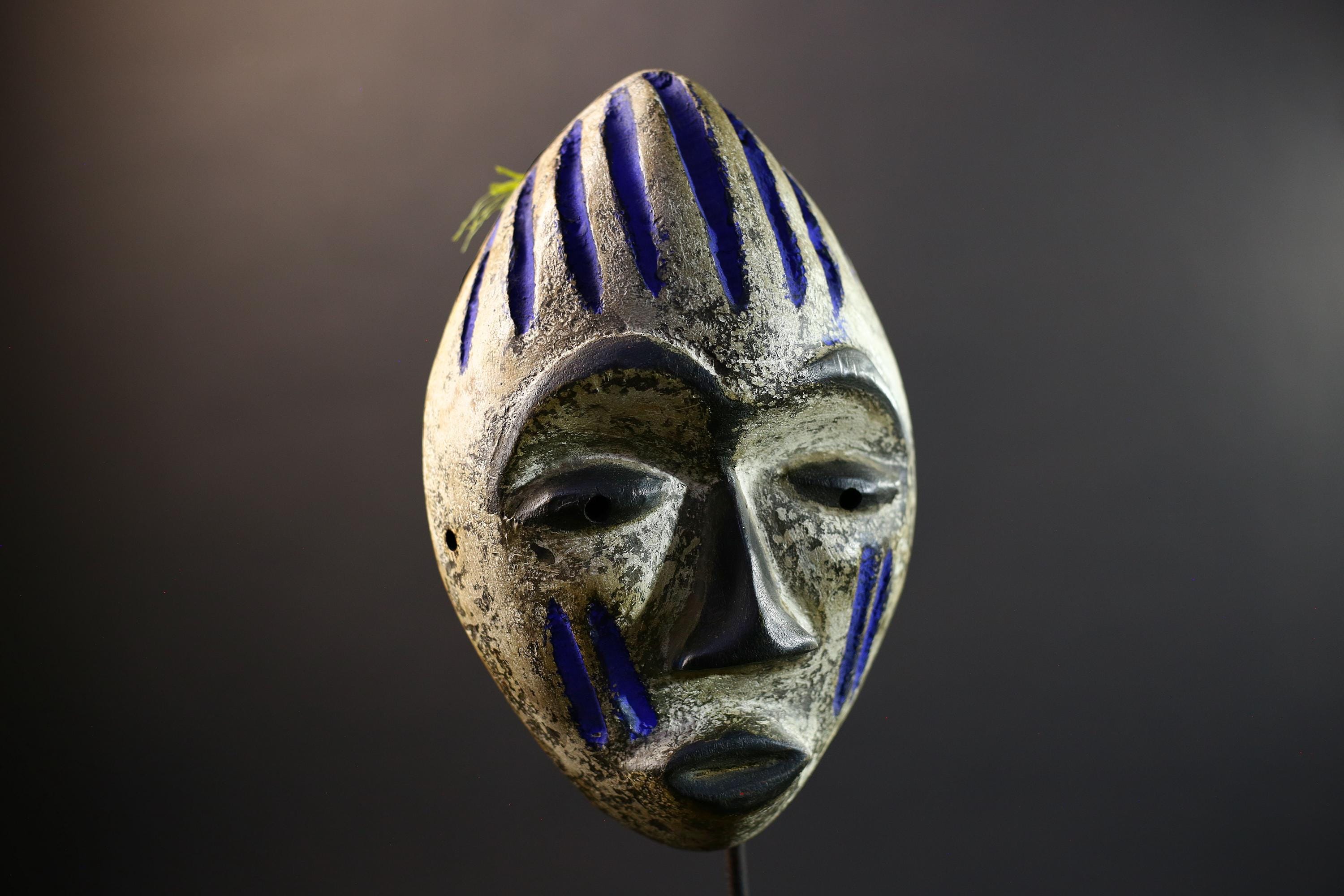 African Mask | Punu White Kaolin | Gabon Tribal Art | Hand-Carved Wood Wall Decor | Vintage African Accent-G5306