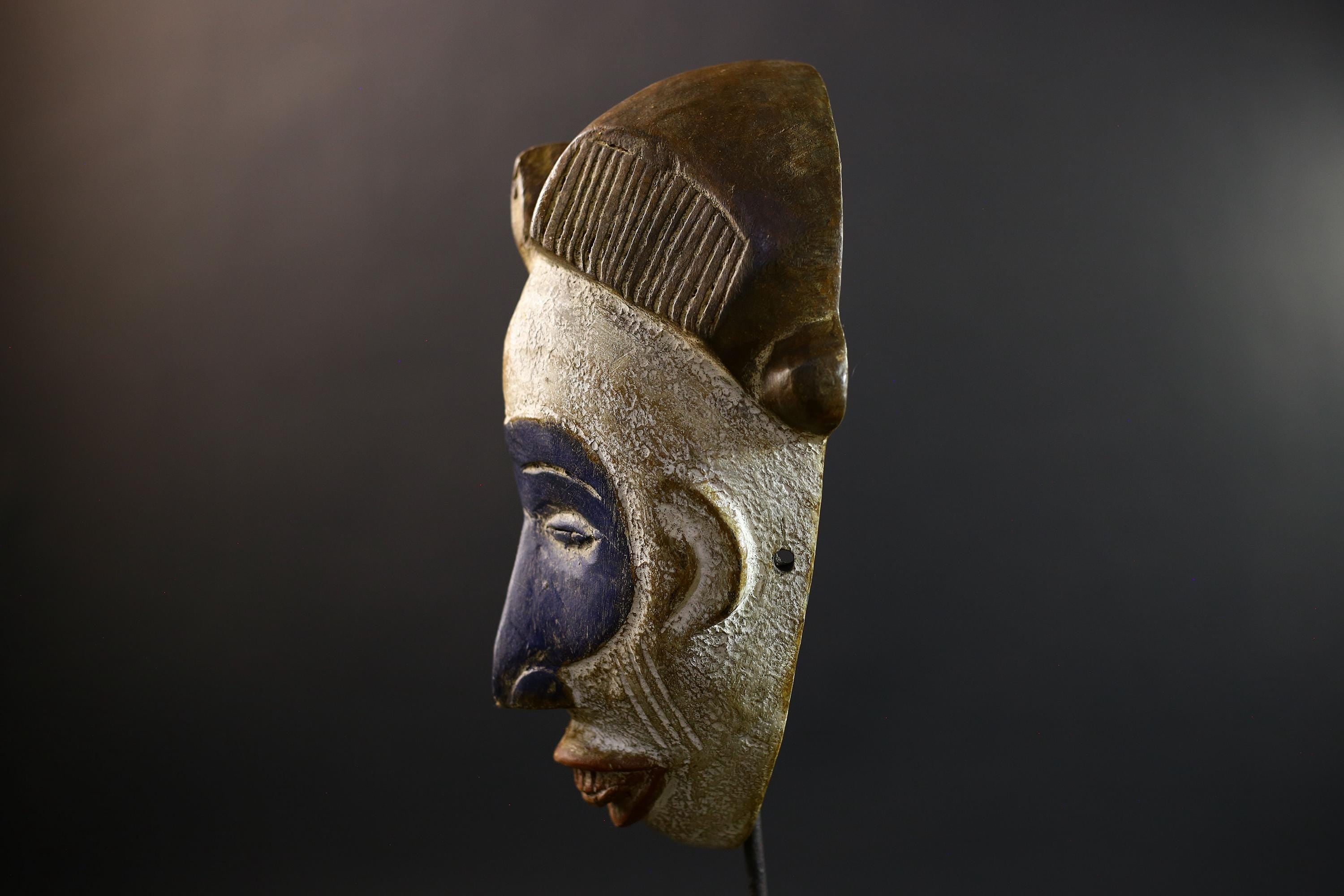 African Mask | Baule Monkey | Ivory Coast Tribal Art | Blue Wood Wall Decor | Vintage African Accent-G5305