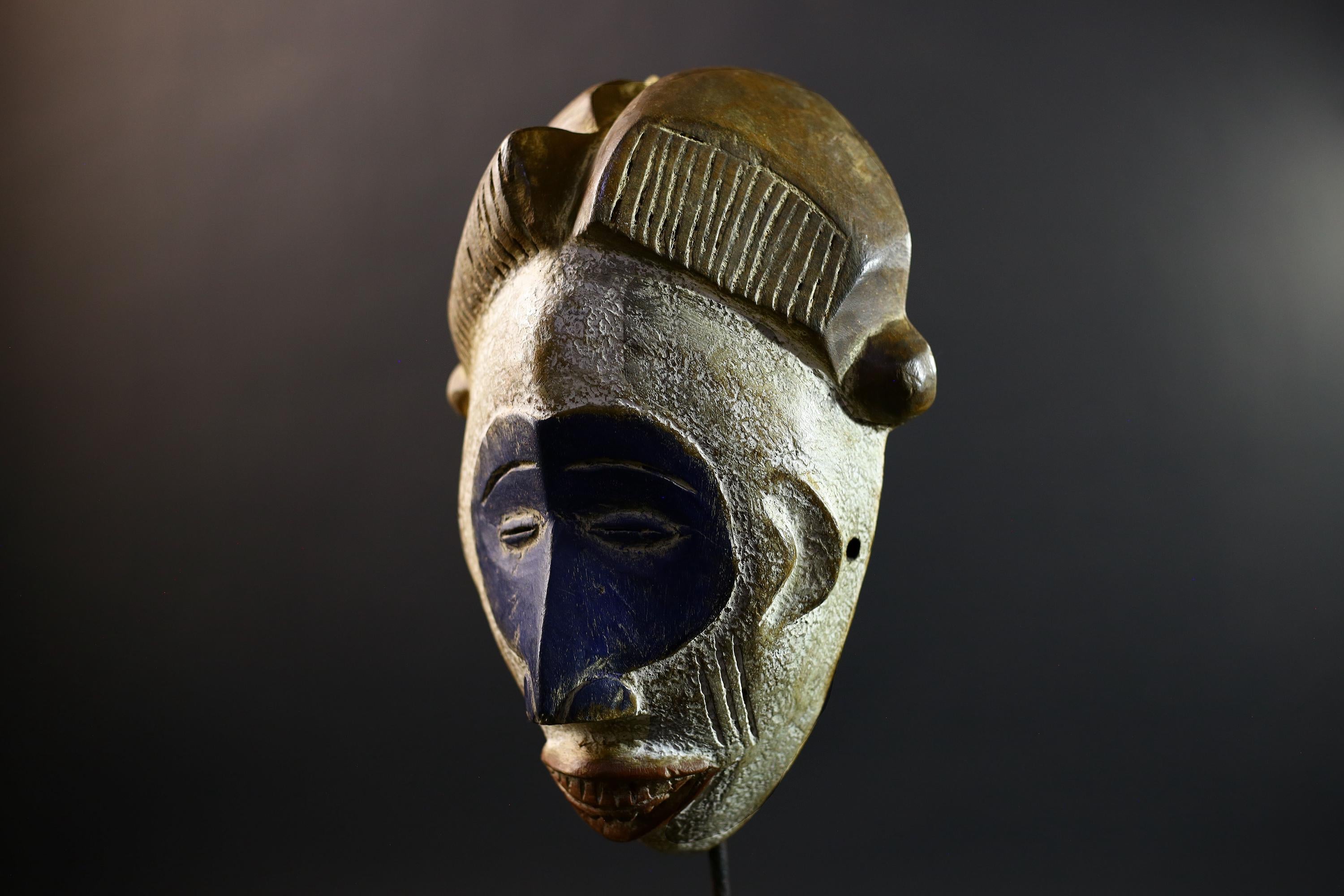 African Mask | Baule Monkey | Ivory Coast Tribal Art | Blue Wood Wall Decor | Vintage African Accent-G5305