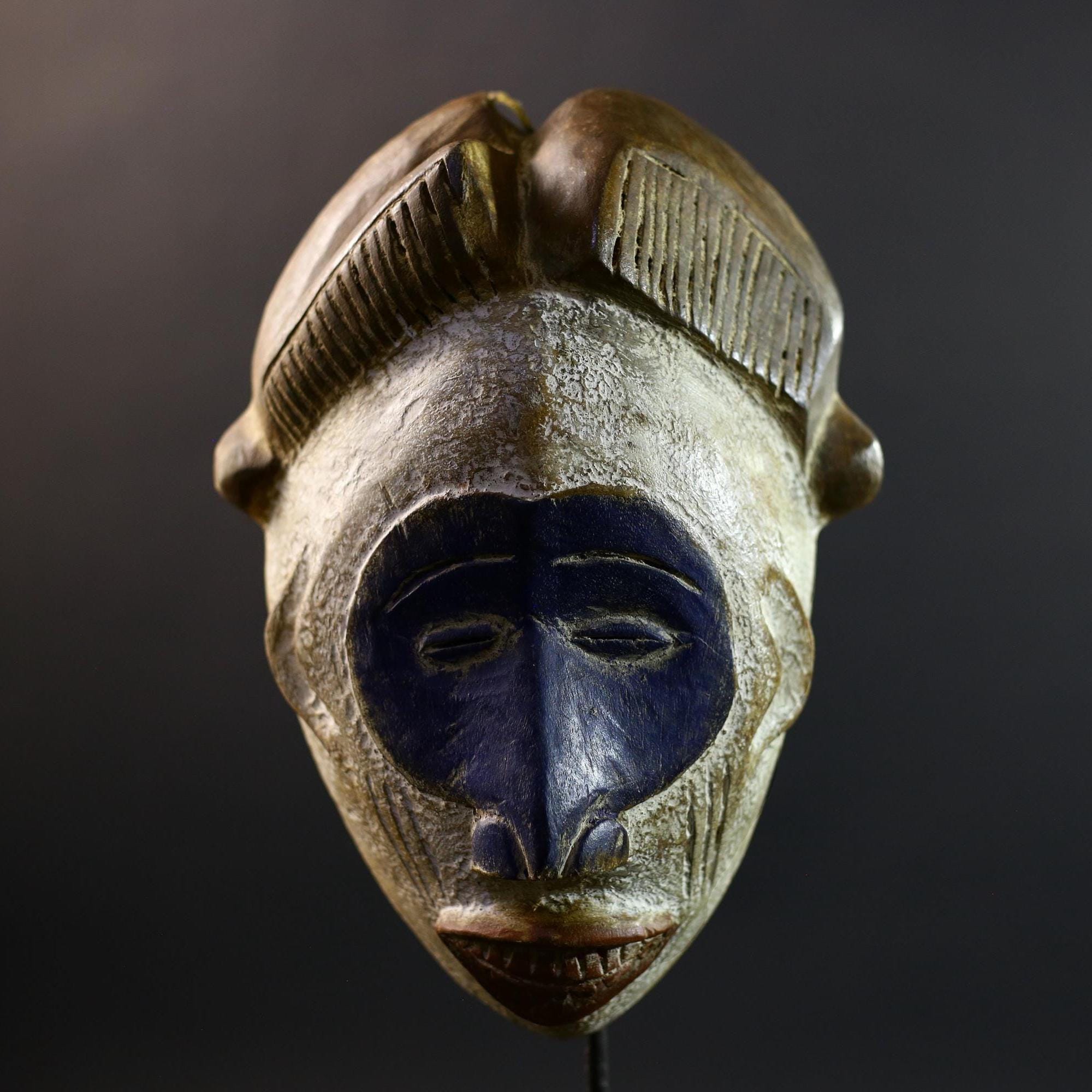African Mask | Baule Monkey | Ivory Coast Tribal Art | Blue Wood Wall Decor | Vintage African Accent-G5305