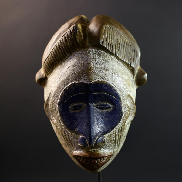 African Mask | Baule Monkey | Ivory Coast Tribal Art | Blue Wood Wall Decor | Vintage African Accent-G5305